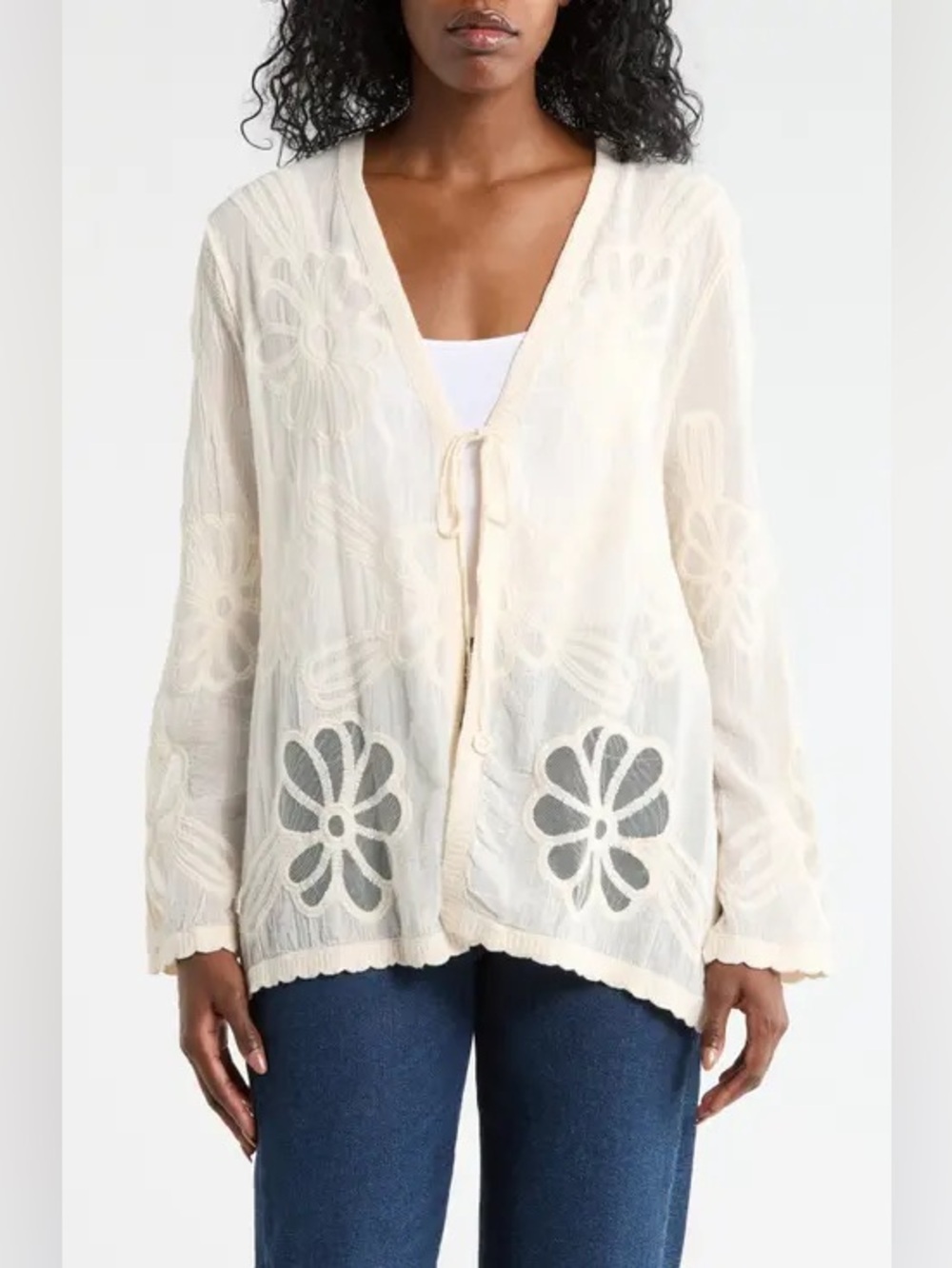 Cream Floral Cutout Tie-Front Cardigan